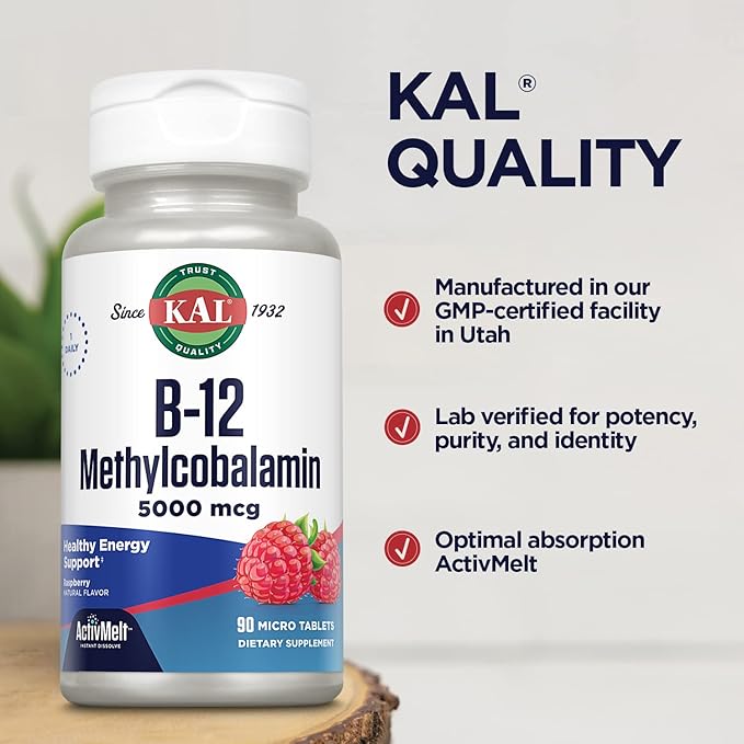 KAL Vitamin B12 Methylcobalamin 5000mcg, Healthy Energy, Metabolism, Nerve & Red Blood Cell Support,* Fast Dissolve ActivMelts, Optimal Absorption, Natural Raspberry Flavor, 90 Servings, 90 Micro Tabs