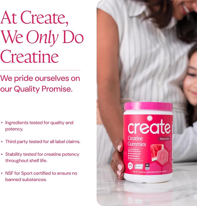 Create Creatine Monohydrate Gummies for Men & Women, Boost Focus, Strength, and Endurance, Anti-Melting Formula, Vegan, Gluten-Free, Non-GMO, 1.5g of Creatine per Gummy (Watermelon)