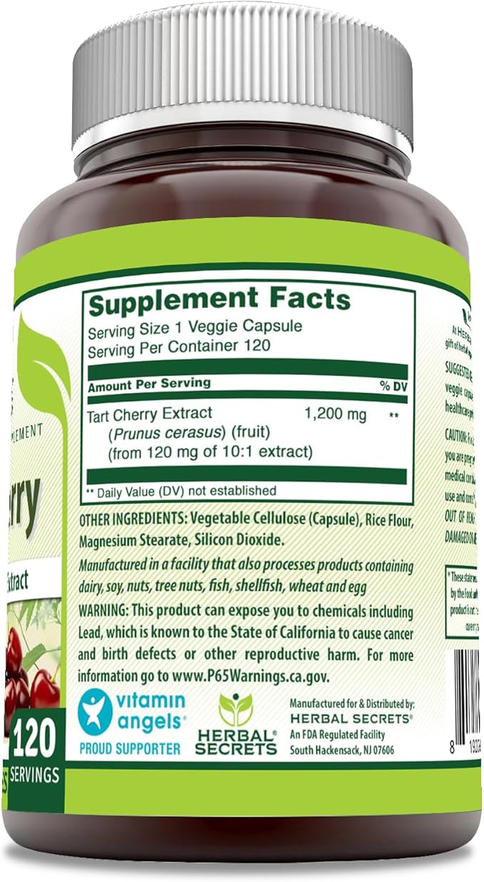 Herbal Secrets Tart Cherry 10:1 Standardized Extract Supplement | 1200 Mg Per Serving | 120 Veggie Capsules | Non-GMO | Gluten Free | Made in USA (1 Pack | 120)