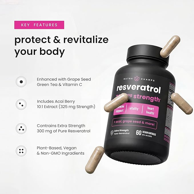 NutraChamps Resveratrol Supplement, Extra Strength Formula for Healthy Aging, Immune Support, 60 Vegan Capsules with Trans-Resveratrol, Green Tea Leaf, Acai Berry & Grape Seed Extract (Pack of 2)