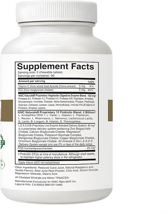 NWC Naturals Belly-Ease Healthy Digestive Enzymes Plus Prebiotics & Probiotics, Essential Enzymes, Vegetarian, Better Digestion, Full Spectrum Digestive Solution - 180 Count Chewable Tablets