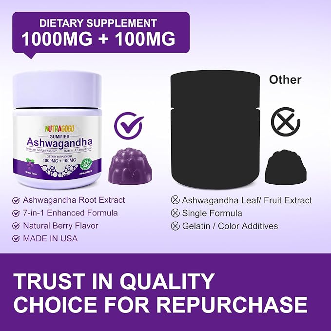 Ashwagandha Gummies & Vitamin D3 Gummies Organic Aswangdha Supplement for Improve Sleep, Stress Relief & Mood Calm (Grape Berry,Non-GMO, Gluten-Free & Sugar Free)-2 Pack