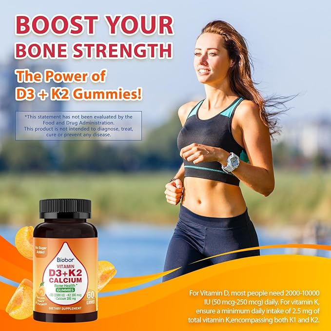 Sugar Free Vitamin D3 K2 Gummies with Calcium, 2000 IU D3 & 200 mcg K2(MK-7) & 200 mg Calcium, Supports Healthy Bones & Immune Health, Gluten Free, GMO Free, Yellow Peach, 60 Count