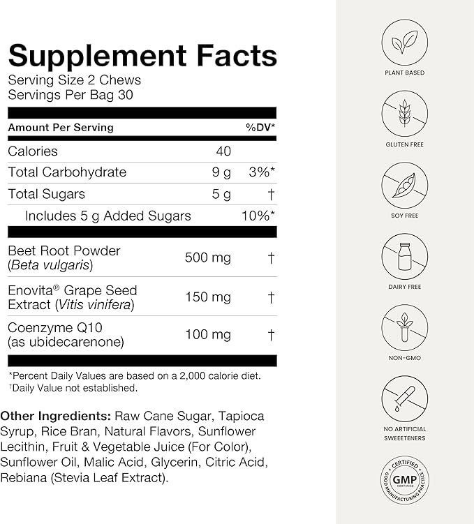 Humann SuperBeets Heart Chews + CoQ10-150mg of CoQ10 Plus Beetroot & Grape Seed Extract, Blood Pressure Support, Support Healthy Blood Flow, Circulation, 120 Count