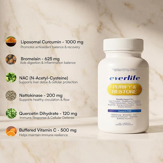 Everlife Spike Protein & Liver Detox Support Supplement - Liposomal Curcumin with NAC, Quercetin, Bromelain & Buffered Vitamin C – Circulation, Antioxidant & Immune Support Blend – 150 Capsules