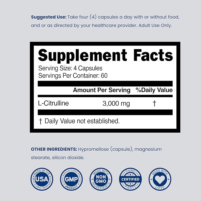 L Citrulline 3000mg Supplement (240 Capsules) Support L Arginine & Nitric Oxide Pills - L-Citrulline For Men & Women - Muscle Recovery & Pump Supplement - 3rd Party Tested, Vegan, Non-GMO - USA Made