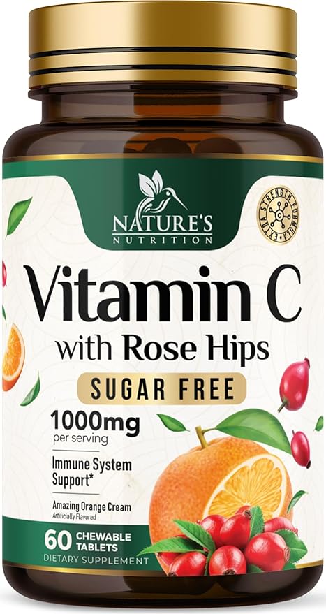 Vitamin C 1000mg Per Serving Chewable - Extra Strength Antioxidants for Powerful Immune Support w/Vitamin C & Rose HIPS, Potent Dietary VIT C Chews Supplement, Natural Orange Flavor, 60 Tablets