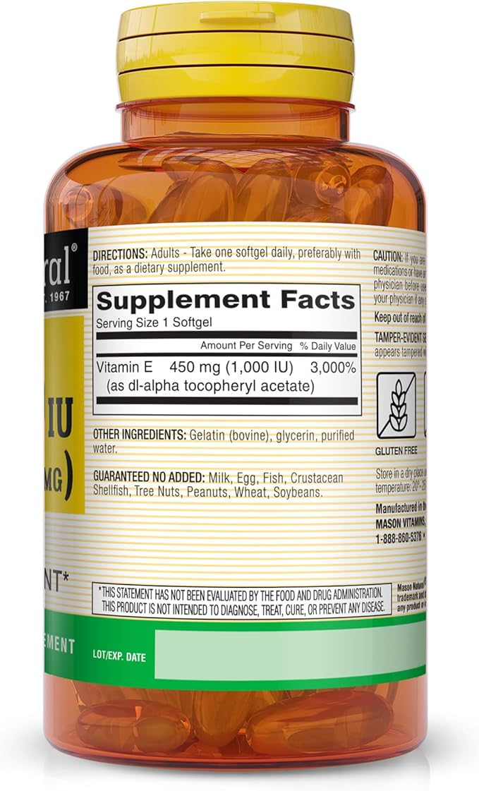 MASON NATURAL Vitamin E, 450 mg (1,000 IU), Daily Dietary Supplement with Essential Nutrient for Overall Wellness, 50 Softgels (Pack of 1)