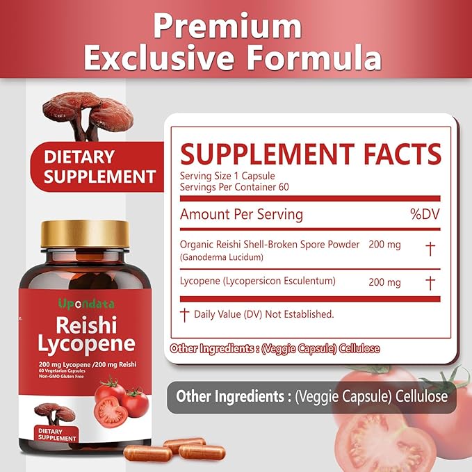 Lycopene Capsules, Natural Lycopene 200mg with Organic Reishi Mushroom 200mg Supplement for Prostate Health and Immune Support - Gluten-Free, Non-GMO, 60 Capsules (1 Pack)