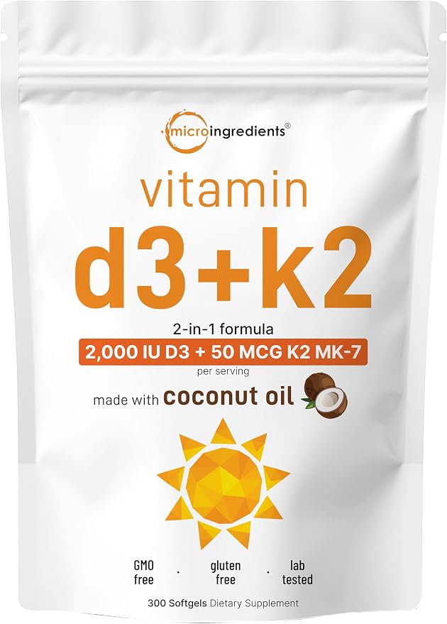 Micro Ingredients Vitamin D3 2,000 IU + K2 MK-7 50 mcg, 300 Softgels | Virgin Coconut Oil | 2-in-1 Support | Easy to Swallow, Non-GMO
