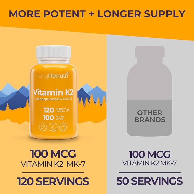 LongLifeNutri Vitamin K2 MK-7 100mcg – Nutrient Support for Bones and Circulation, 120 Vegetarian Capsules, 4-Month Supply, Lab Tested, Made in the USA, Non-GMO