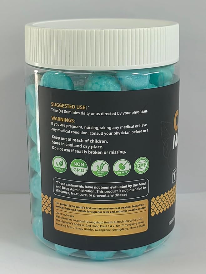 Nutravita NSF Certified Creatine Gummy - Creatine Monohydrate Gummies for Men & Women-5g of Creatine Monohydrate per Serving - Sugar Free,Vegan, Blueberry Flavor, 120 Count