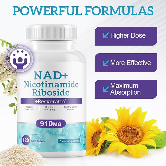 Liposomal NAD Resveratrol Supplement - Nicotinamide Riboside & Quercetin - High Purity NAD Supplements for Anti-Aging, Focus, Energy 120 Capsules