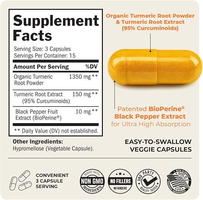 Turmeric Curcumin with Black Pepper Extract 1500mg - High Absorption Ultra Potent Turmeric Supplement with 95% Curcuminoids and BioPerine - Non GMO Tumeric Capsules for Joint Support - 45 Capsules