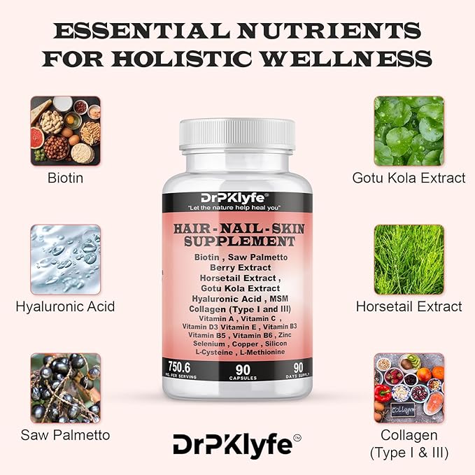 Hair, Nail and Skin Supplement Capsules:Biotin, Collagen, Collagen Peptides, Acid Hyaluronic, Biotin, Vitamin A, C, B5, B6 Saw Palmetto & More - 90 Capsules.