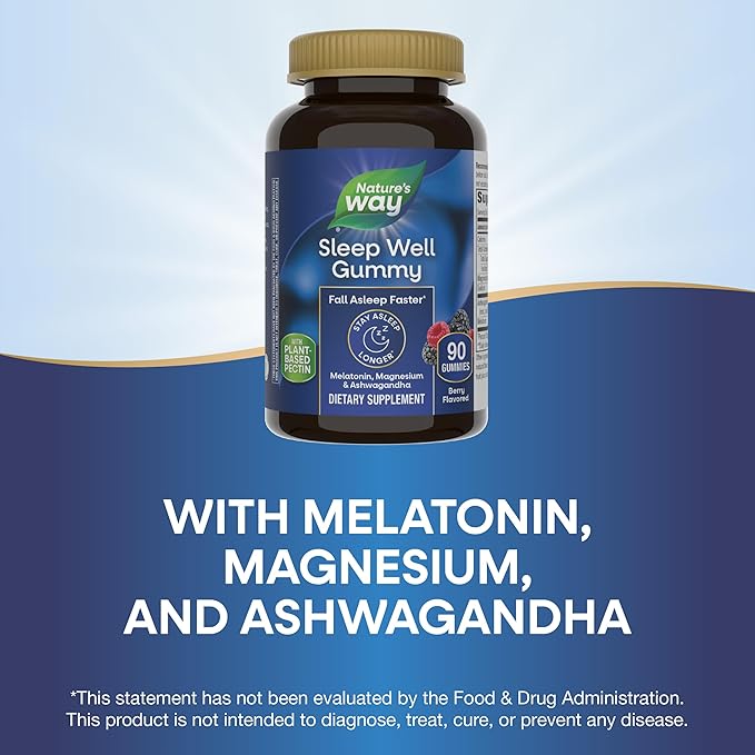 Nature's Way Sleep Well Melatonin and Magnesium Gummies,Sleep Support for Adults*,with Ashwagandha,Berry Flavored,90 Gummies,(Pack of 2)