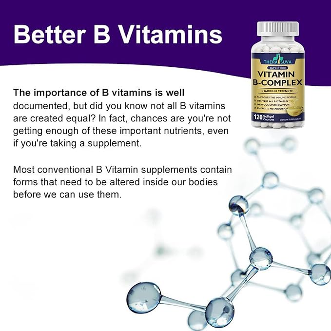 TheraSuva Vitamin B-Complex + CoQ10 + Vitamin C - Max Strength Supplement for Energy, Metabolism Support, 2 Month Supply, 120 Softgels