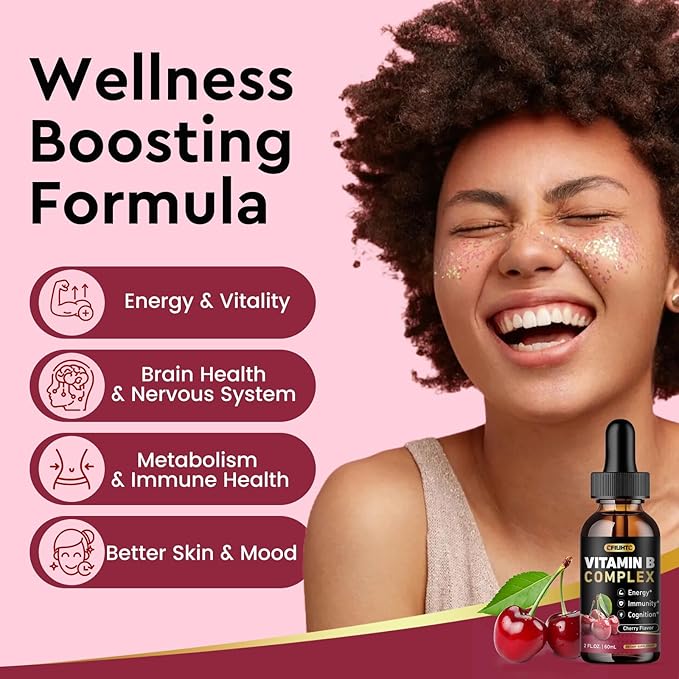 CFILIHTC Vitamin B Complex Liquid Drops, B Vitamins Complex Supplement with B1, B2, B3, B5 B6, B7, B9 & Methyl B12 Drops for Adults & Kids, Vegan, Cherry Flavor
