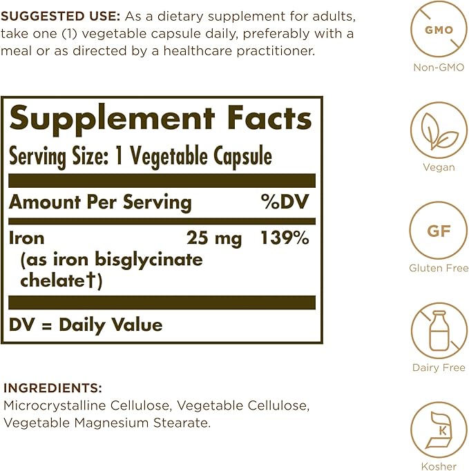 Solgar Gentle Iron (Iron Bisglycinate) 25 mg - 180 Vegetable Capsules - Non-Constipating, Gentle on Your Stomach - Non-GMO, Gluten Free - 180 Servings