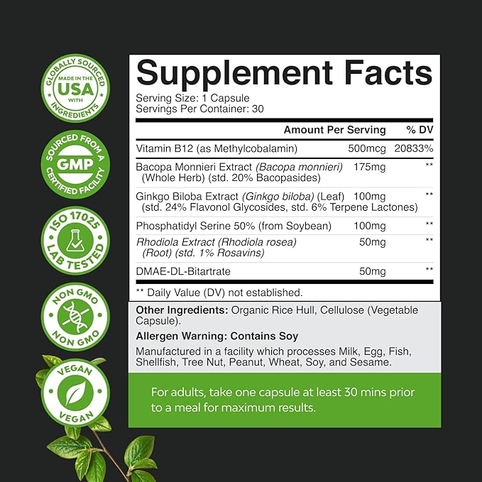 Nootropic Memory Supplement for Brain Support - Memory Pills for Brain Boost and Natural Energy Booster - VIT B12 Bacopa Monnieri Rhodiola Rosea DMAE Ginkgo Biloba Phosphatidylserine Supplement 2pack