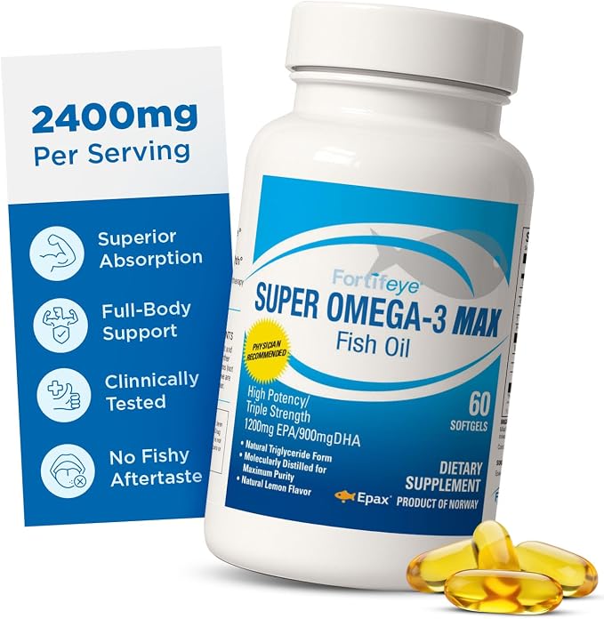 Fortifeye Super Max Omega-3 Fish Oil 60Count 2400mg Made in Norway - High Potency rTG Form Omega 3 Supplement with EPA & DHA, Fish Oil Capsules for Heart Brain Joint Eye Function, Natural Lemon Flavor
