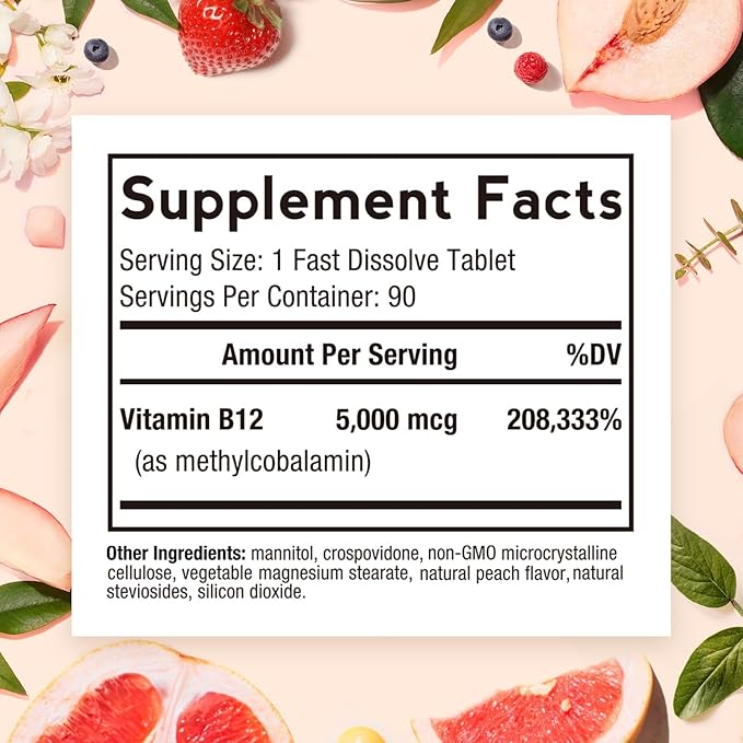 Doctor's Recipes Vitamin B12, Methylcobalamin 5000 mcg 90 Fast Dissolve Tablets, Natural Peach Flavor, Vegan Methyl, Energy Metabolism & Nervous System