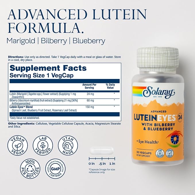 SOLARAY Advanced Lutein Eyes 24mg with Bilberry Extract and Blueberry Extract, Eye & Macular Health Support Supplement Supplying Zeaxanthin from Marigold, Vegan, 30 Servings, 30 VegCaps