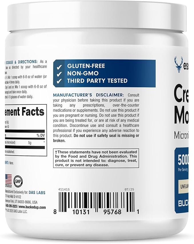 Bucked Up Pure Micronized Creatine Monohydrate for Women and Men - Easy to Mix and Unflavored - 5G Per Serving - 60 Servings - 300 Grams Per Container