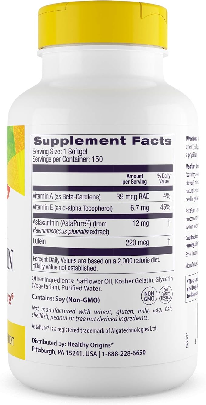 Healthy Origins Astaxanthin 12 mg (Natural, Astapure, Triple Strength, Non-GMO, Gluten Free, Eye Support, Joint Support, Immune Support), 150 Softgels