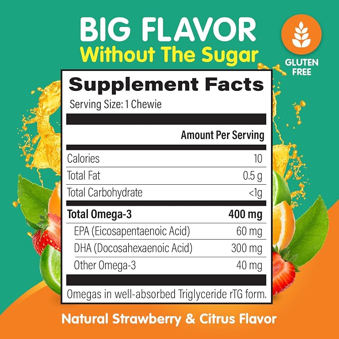 Omega 3 Chewies - Ultra-High DHA Chewables for Kids Supports Brain & Eye Health - Sugar-Free Natural Fruit Flavor - Kids Omega 3 Fish Oil Chewies (3 Pack)