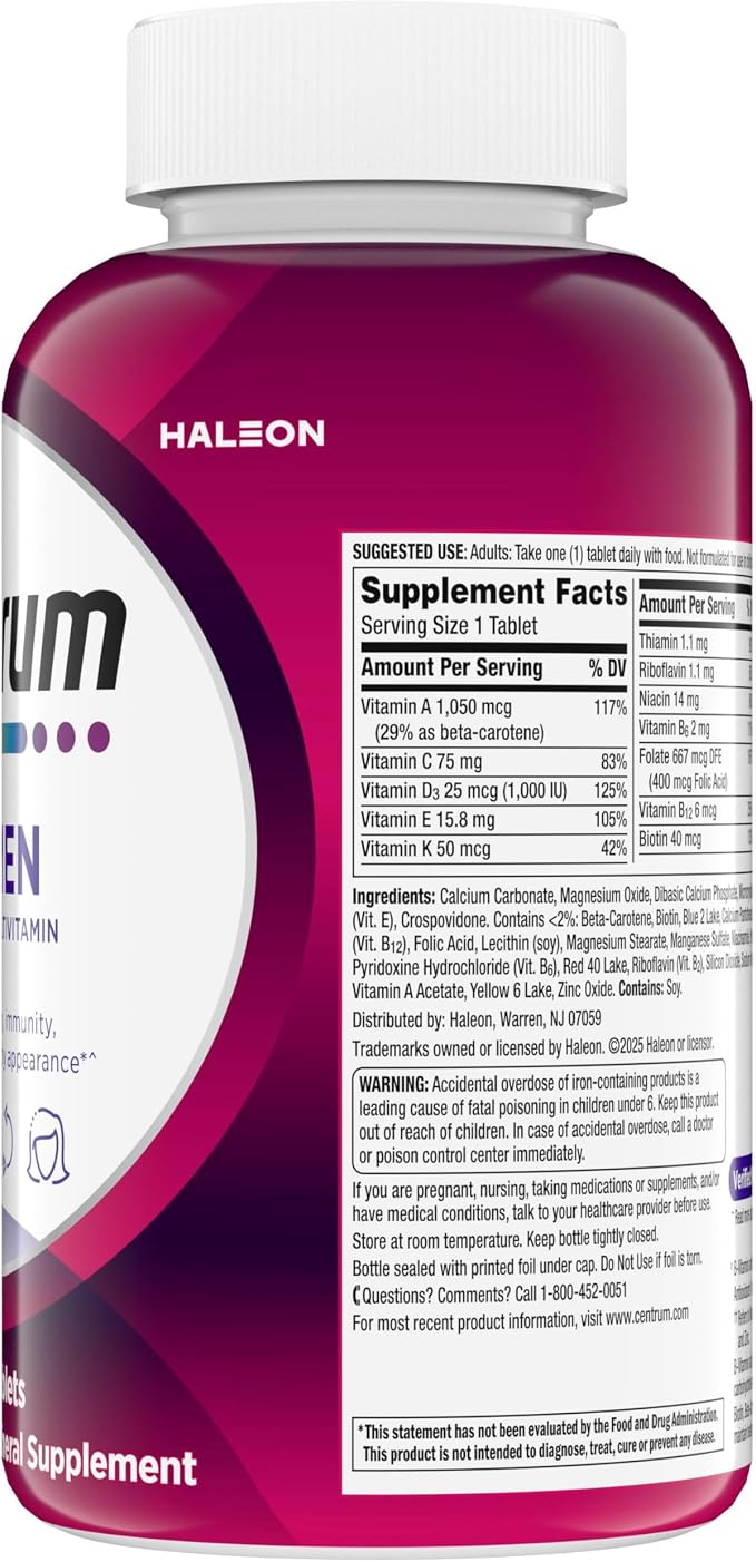 Centrum Multivitamin for Women, Multimineral Supplement with Iron, Vitamin D3, B Vitamins and Antioxidant Vitamins C and E, Gluten Free, Non-GMO Ingredients - 250 Count