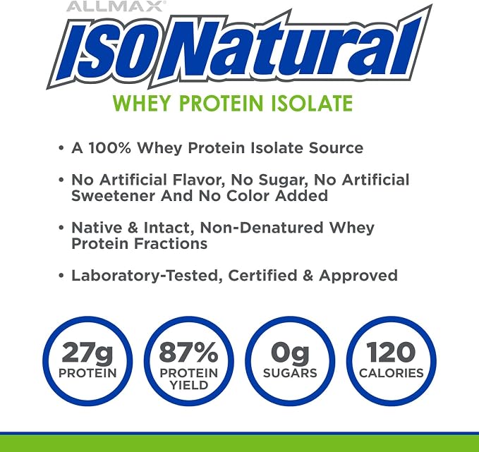 ALLMAX ISONATURAL Whey Protein Isolate, Chocolate - 2 lb - 27 Grams of Protein Per Scoop - Zero Fat & Sugar - 99% Lactose Free - with Prebiotics - No Artificial Flavors - Approx. 29 Servings