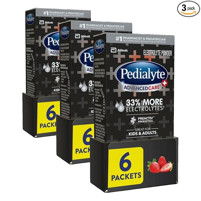 Pedialyte AdvancedCare Plus Electrolyte Powder, Has 33% More Electrolytes and PreActiv Prebiotics, Strawberry Freeze, 6 Powder Packets (Pack of 3)