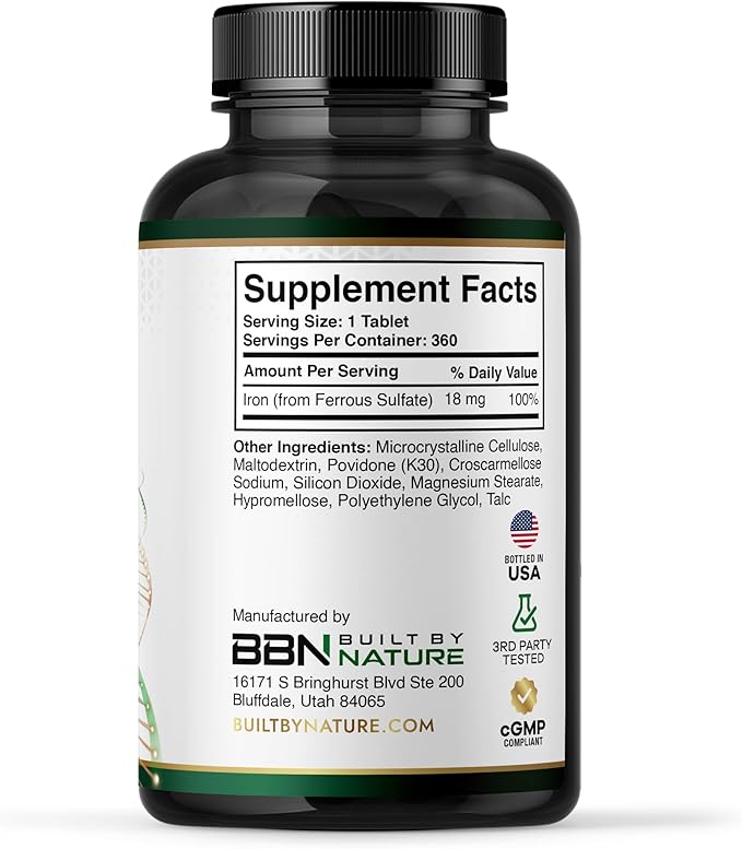 Built By Nature Iron Supplement – 100% Daily Value Iron Pills for Women – 18 mg Iron Tablets for Energy & Anemia Support – 360 Tablets