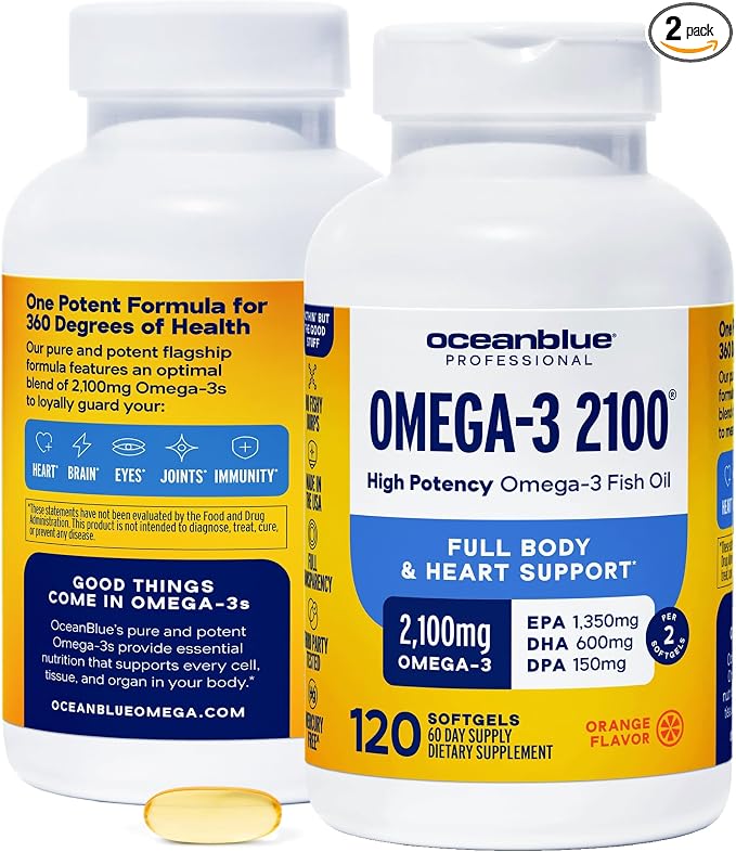 Oceanblue Professional Omega-3 2100mg Fish Oil Supplement Triple Strength, High Potency EPA, DHA & DPA Burpless, Wild-Caught, Natural Orange Flavor 120 Count Softgels (Pack of 2)