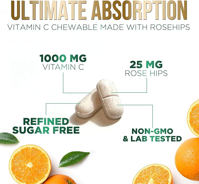 Vitamin C 1000mg Per Serving Chewable - Extra Strength Antioxidants for Powerful Immune Support w/Vitamin C & Rose HIPS, Potent Dietary VIT C Chews Supplement, Natural Orange Flavor, 60 Tablets