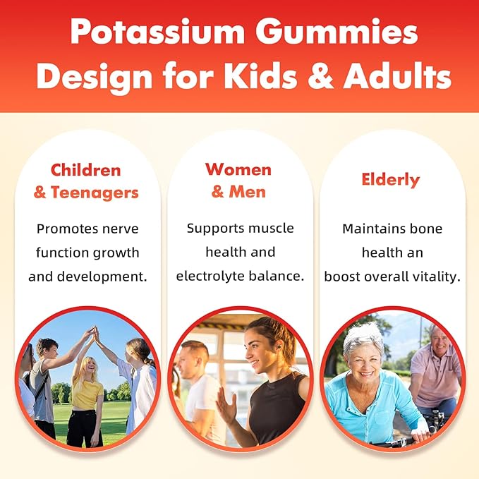 softbear Potassium Gummies for Adults, Sugar Free Potassium Chloride Gummies 1200mg Support Leg Cramps & Electrolyte Balance High Potency Potassium Supplement, Strawberry Flavor 60 Count
