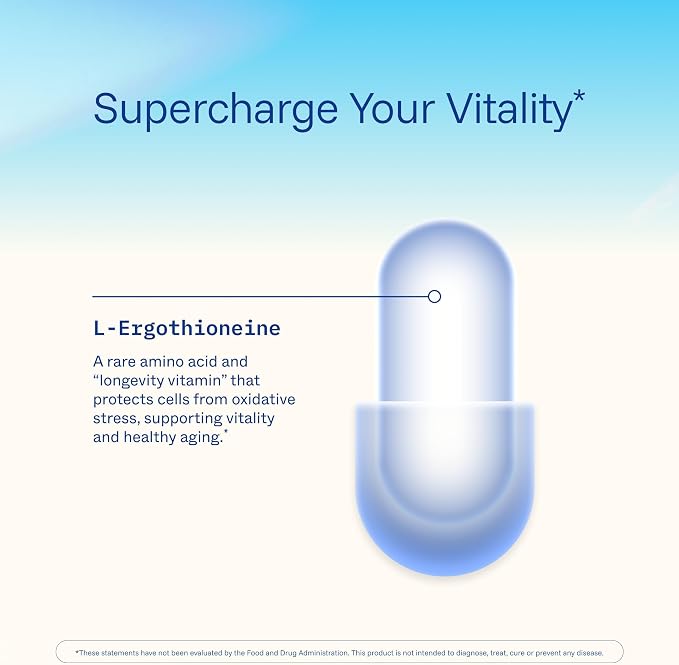 ProHealth Ergothioneine 5X Strength. 25mg Clinical Research Dose. Natural Amino Acid Mushroom Supplement for Improved Cognition, Heart Health. Essential Longevity Vitamin. 25 mg/Serving, 30 Servings