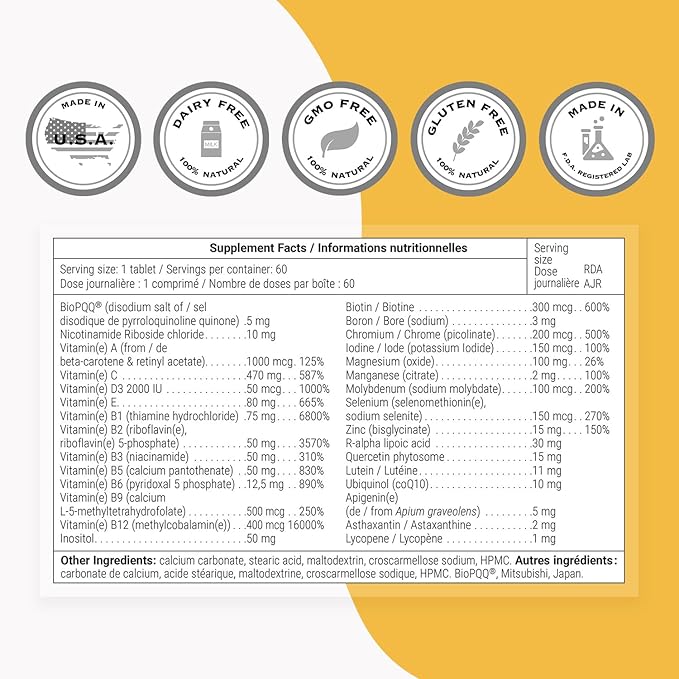 Supersmart - Daily 1® Timed Release - Multivitamin Supplement for Women & Men - with BioPQQ®, Vitamin A, B, C, D & E, Biotin, Quercetin & Fisetin | Made in USA | Non-GMO & Gluten Free - 60 Tablets