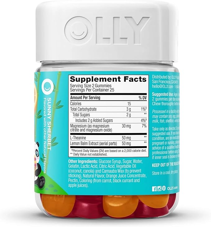 OLLY Kids Chillax Gummy, For a Calm and Relaxed Mood*, Magnesium, L-Theanine, Lemon Balm Extract, Chewable Supplement, Sherbet Flavored, 25 Day Supply - 50 Count (Packaging May Vary)