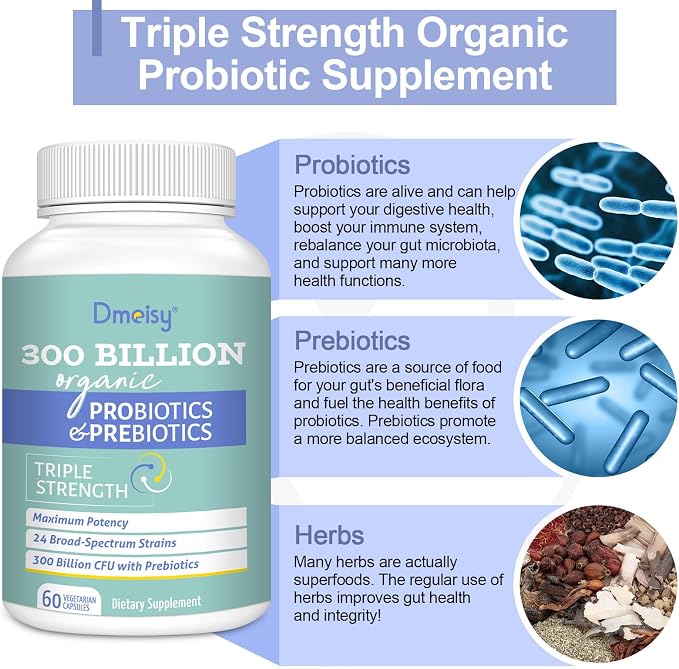 Probiotics for Women and Men, 300 Billion CFU 24 Strains Probiotics + 15 Organic Herbs Prebiotics Blend, Shelf Stable Gut Health Supplement for Digestive Immune & Whole-Body Health, 6 Month Supply
