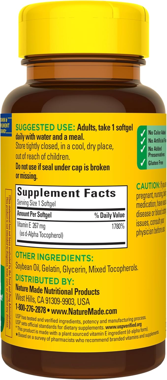 Nature Made Vitamin E 400 IU Softgels 267 mg d-Alpha, Dietary Supplement for Antioxidant and Skin Support, 100 Softgels, 100 Day Supply
