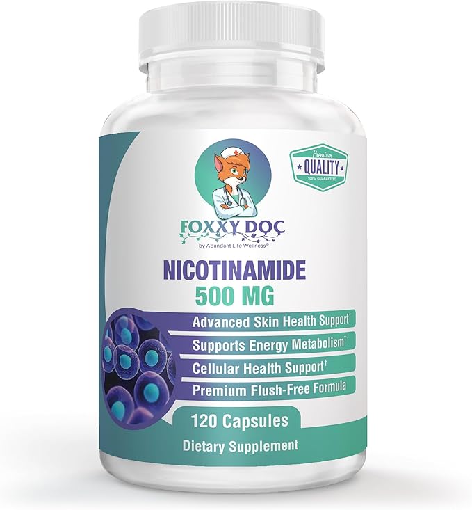 Nicotinamide 500 mg - Vitamin B3 – Energy; Cell & Skin Health. Value Priced - Flush-Free - 120 Veggie Caps by Foxxy Doc