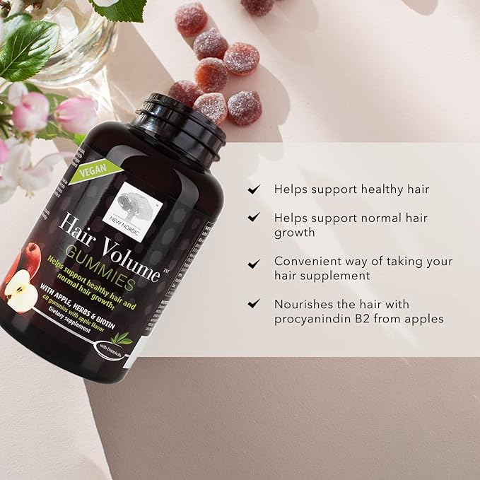 NEW NORDIC Hair Volume Gummies, 2500 mcg Biotin, Daily Hair Vitamins Supplement to Support Hair Skin & Nails, Vegan, 60 Count (Pack of 1)