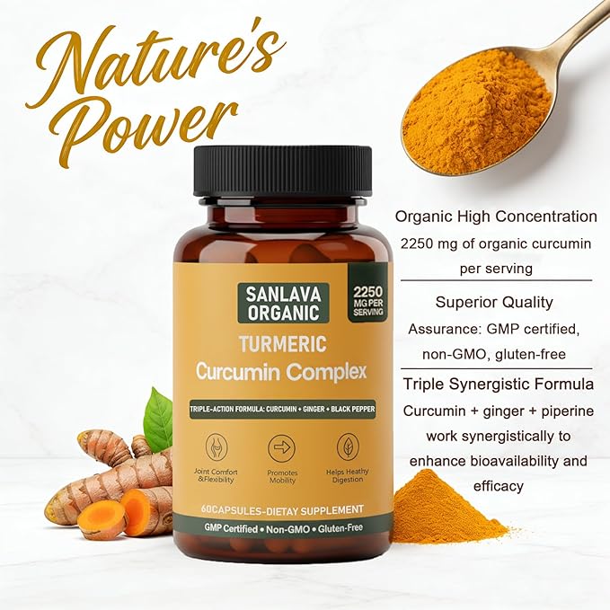 Turmeric 3 in 1 Complex with Curcumin, Ginger &Black Pepper Extract | 2250mg per Serving | 60 Capsules