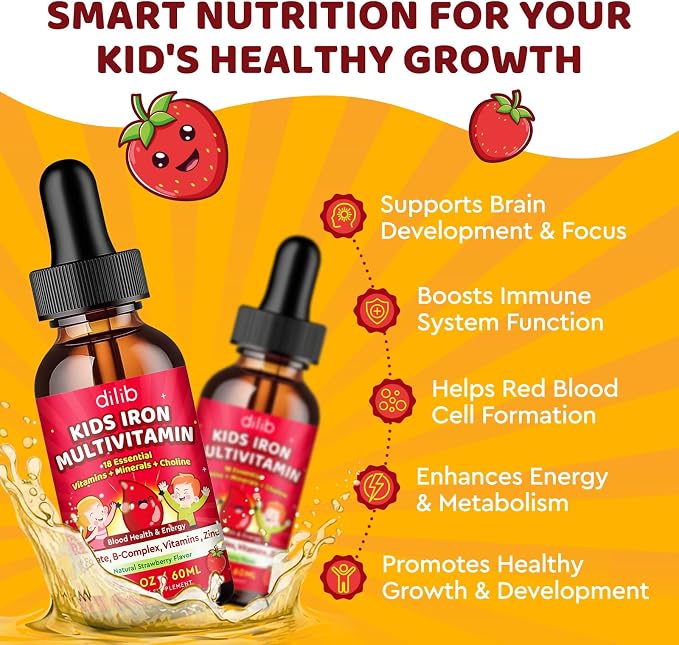 Liquid Iron Supplement for Kids, Kids Multivitamin with Iron Drops with Zinc, Vitamin B Complex, Folate - Support Blood Builder & Energy, Iron Deficiency for Women, Men, Vegan Strawberry 4 Fl Oz