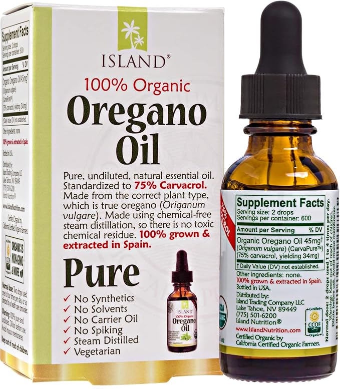 Island Nutrition, Oregano Oil Organic Liquid Drops - 100% Pure & Undiluted - USDA-Certified Organic (1 oz) 75% Carvacrol - Grown in Spain - Immune Support Supplement with Oil of Oregano.