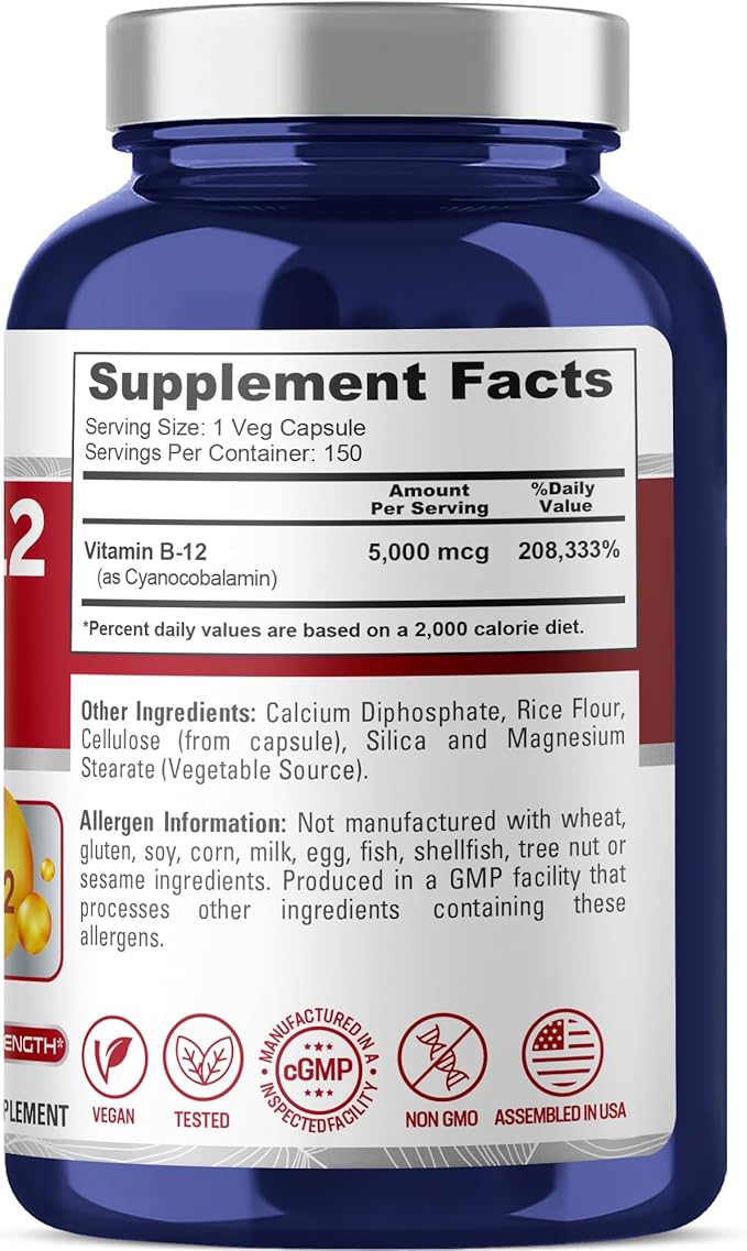 NusaPure Vitamin B12-5000 MCG 150 Veggie Capsules (Non-GMO, Vegan) - Max Strength Vitamin B12