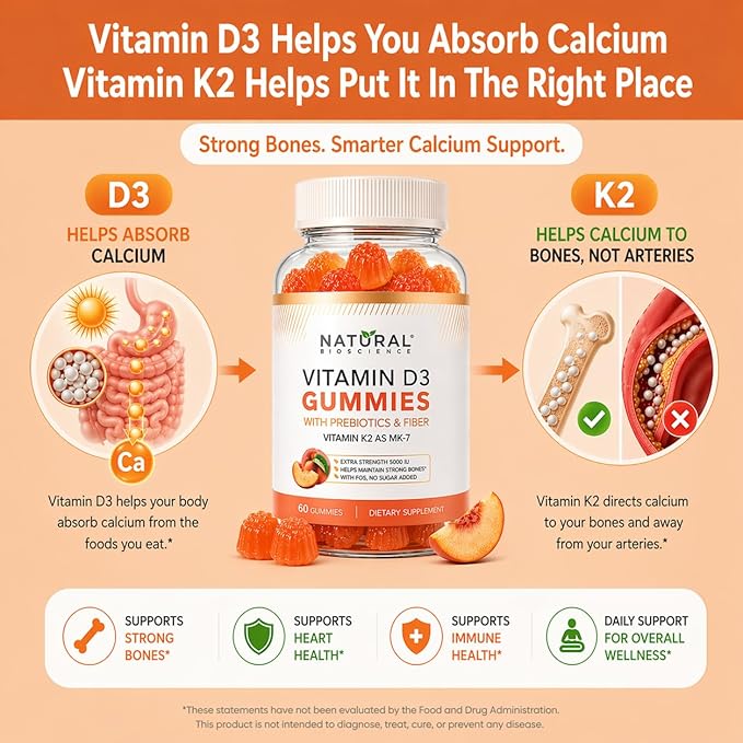Sugar Free Vitamin D3 K2 Gummies 5000 IU + K2 MK7 80 mcg – Vitamin D Gummies for Adults with Prebiotics & Fiber – Supports Bones, Immune Health, Heart Health & Mood – Gluten Free, Natural Peach Flavor