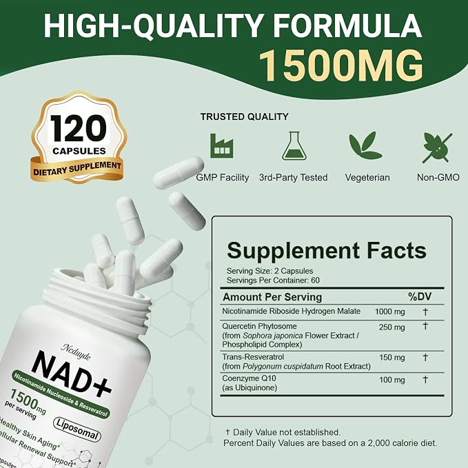 NAD+ Supplement, Liposomal NAD Nicotinamide Riboside Resveratrol 1500 mg - Anti-Aging & Brain Health, Improve Energy - Specifically for Women and Men, 120 Capsules